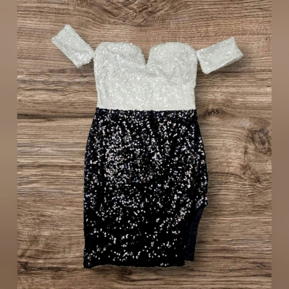 NEW Dainty Hooligan Black & White Sequins Off Shoulder Bodycon Mini Dress Formal - Picture 10 of 14